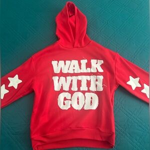 Vibrant Red Hoodie with Bold “WALK WITH GOD” White Text